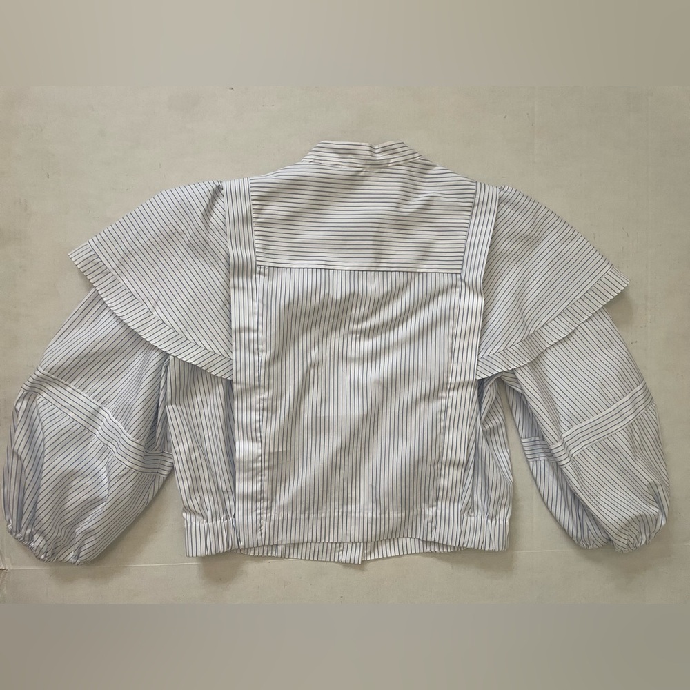 Sandro Yzeure Blue + White Cotton Striped Ruffled Cropped Shirt Size 4, Preppy - Picture 11 of 14